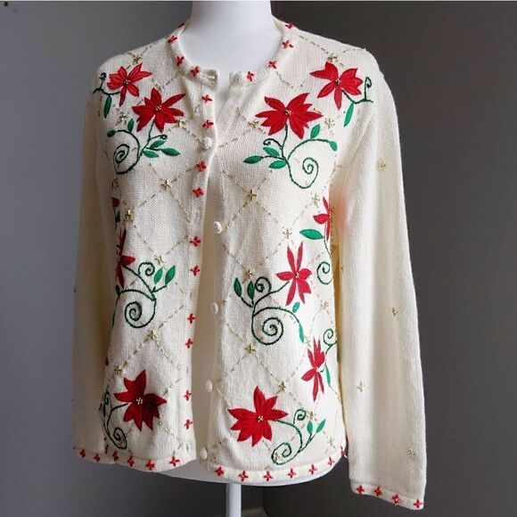 Ugly Christmas Beaded Embroidered Holiday Poinsettia Cardigan Size LP - Picture 3 of 8